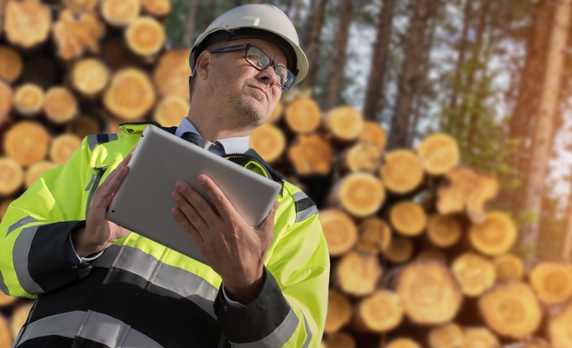 Forestry worker with digital tablet checking trees